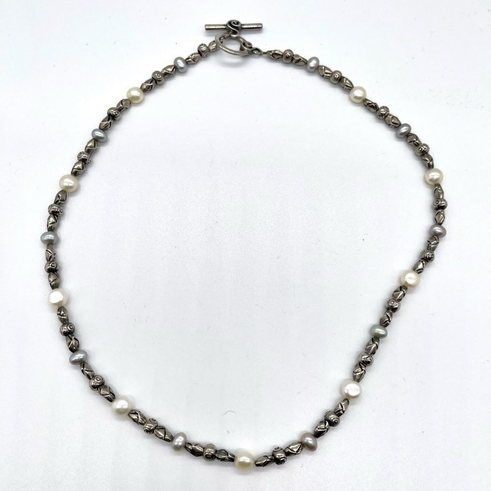 Mixed Metal with Fresh Water Pearls 18 inches Length Silver Tone